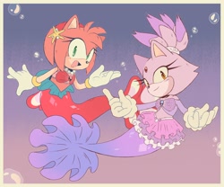Size: 2700x2250 | Tagged: safe, artist:meat__squid, amy rose (sonic), blaze the cat (sonic), cat, feline, fictional species, fish, hedgehog, mammal, anthro, sega, sonic the hedgehog (series), fins, fish tail, tail