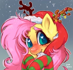 Size: 2048x1949 | Tagged: safe, artist:yumkandie, fluttershy (mlp), equine, fictional species, mammal, pegasus, pony, feral, friendship is magic, hasbro, my little pony, 2022, blushing, christmas, clothes, cute, female, fur, hair, hat, headwear, heart, heart eyes, holiday, legwear, mane, mare, pink hair, pink mane, santa hat, solo, solo female, stockings, wingding eyes, yellow body, yellow fur