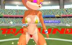 Size: 1144x720 | Tagged: suggestive, artist:tetramundo, lola bunny (looney tunes), lagomorph, mammal, rabbit, anthro, looney tunes, warner brothers, 2023, 3d, belly button, bikini, breasts, clothes, digital art, ears, eyelashes, eyes closed, female, fur, hair, micro bikini, pink nose, red bikini, red swimsuit, shoes, solo, solo female, swimsuit, tail, thighs, wide hips, yellow bikini, yellow swimsuit