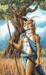 Size: 794x1300 | Tagged: safe, artist:0laffson, cheetah, feline, mammal, anthro, cloak, clothes, dagger, loincloth, male, plant, solo, solo male, spear, traditional art, tree, weapon