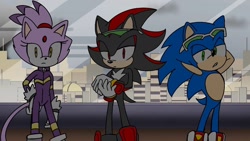 Size: 1280x720 | Tagged: safe, artist:sg_animates, blaze the cat (sonic), shadow the hedgehog (sonic), sonic the hedgehog (sonic), cat, feline, hedgehog, mammal, anthro, sega, sonic the hedgehog (series), female, group, male, trio