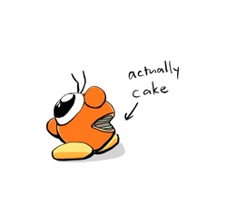 Size: 1173x1107 | Tagged: safe, artist:tunaplus_c, kirby (series), nintendo, ambiguous gender, cake, english text, everything is cake, food, meme, orange body, simple background, solo, solo ambiguous, text, waddle doo (kirby), white background