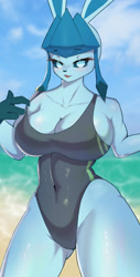 Size: 949x1869 | Tagged: suggestive, artist:tp10, eeveelution, fictional species, glaceon, mammal, anthro, nintendo, pokémon, 2023, anthrofied, beach, bedroom eyes, belly button, big breasts, blushing, breasts, clothes, detailed background, digital art, ears, eyelashes, female, fur, hair, ocean, one-piece swimsuit, sand, solo, solo female, swimsuit, tail, thighs, water, wide hips
