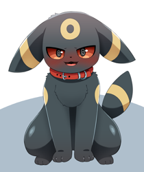 Size: 1596x1901 | Tagged: safe, artist:sum, eeveelution, fictional species, mammal, umbreon, feral, nintendo, pokémon, 2023, black nose, blushing, chest fluff, collar, digital art, floppy ears, fluff, fur, hypnosis, male, mind control, open mouth, paws, sitting, solo, solo male, swirly eyes, tail, tongue