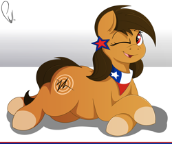 Size: 4552x3816 | Tagged: safe, artist:phyll, oc, oc only, oc:chilenia, earth pony, equine, fictional species, mammal, pony, hasbro, my little pony, absurd resolution, chile, crossed arms, fanart, female, looking at you, lying down, mare, nation ponies, one eye closed, open mouth, ponified, simple background, smiling, solo, solo female, white background, winking
