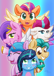 Size: 2480x3508 | Tagged: safe, artist:exobass, hitch trailblazer (mlp), izzy moonbow (mlp), misty (mlp g5), pipp petals (mlp), sparky sparkeroni (mlp), sunny starscout (mlp), zipp storm (mlp), alicorn, dragon, earth pony, equine, fictional species, mammal, pegasus, pony, unicorn, western dragon, feral, hasbro, my little pony, my little pony g5, spoiler:my little pony g5, alicornified, baby, baby dragon, braid, braided ponytail, cute, female, group, hair, male, mane five (mlp g5), mane seven (g5), mane six (g5), mare, ponytail, race swap, siblings, sister, sisters, stallion, sunnycorn, young
