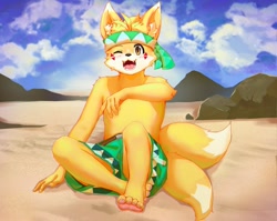 Size: 1939x1543 | Tagged: artist needed, safe, oc, oc:培爾, canine, fox, mammal, anthro, barefoot, feet, male, sand, solo, solo male