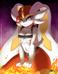 Size: 961x1230 | Tagged: safe, artist:rilexlenov, cinderace, fictional species, anthro, nintendo, pokémon, 2023, belly button, bikini, breasts, clothes, detailed background, ears, eyelashes, female, fire, fur, giantess, gigantamax, hair, kneeling, looking at you, macro, solo, solo female, starter pokémon, swimsuit, tail, thighs, wide hips
