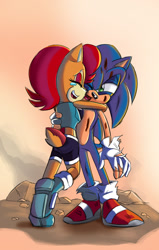 Size: 875x1375 | Tagged: safe, artist:chauvels, princess sally acorn (sonic), sonic the hedgehog (sonic), chipmunk, hedgehog, mammal, rodent, anthro, archie sonic the hedgehog, sega, sonic the hedgehog (series), 2016, black nose, black pants, blue body, boots, breasts, brown body, brown fur, butt, clothes, digital art, duo, eyes closed, female, fluff, fur, gradient background, green eyes, hair, high res, hug, hugging from behind, jacket, male, multicolored body, multicolored fur, multicolored tail, one eye closed, one leg raised, open mouth, raised leg, red hair, rock, shadow, shoes, short tail, smiling, sonally (sonic), standing, tail, tail fluff, tan body, tan fur, tan tail, tears of pleasure, teeth, tongue, topwear, two toned body, two toned fur, two toned tail, wounded