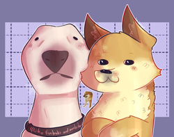Size: 1829x1443 | Tagged: safe, artist:laylasagna7, bull terrier, canine, dog, mammal, shiba inu, terrier, feral, lifelike feral, chest fluff, collar, doge, duo, duo male and female, female, fluff, front view, looking at you, male, meme, non-sapient, purple background, realistic, simple background, walter the dog