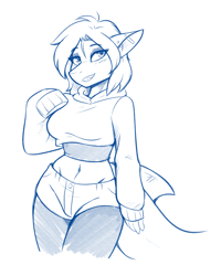 Size: 2400x3000 | Tagged: safe, artist:ambris, oc, oc only, oc:erika (ambris), fish, shark, anthro, digitigrade anthro, 2022, belly button, blushing, bottomwear, clothes, crop top, cropped hoodie, digital art, ears, eyelashes, female, fins, hair, legwear, midriff, monochrome, scales, short shorts, shorts, simple background, sketch, solo, solo female, stockings, tank top, topwear