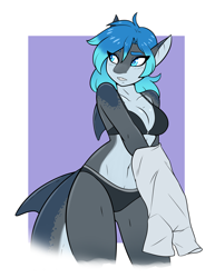 Size: 2240x2900 | Tagged: safe, artist:ambris, oc, oc only, oc:erika (ambris), fish, shark, anthro, 2020, belly button, bikini, blushing, border, bra, breasts, clothes, digital art, ears, eyelashes, female, fins, hair, pose, scales, solo, solo female, swimsuit, thighs, underwear, undressing, white border, wide hips