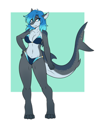 Size: 3000x3750 | Tagged: safe, artist:ambris, oc, oc only, oc:erika (ambris), fish, shark, anthro, digitigrade anthro, 2020, belly button, bikini, blushing, clothes, digital art, ears, eyelashes, female, fins, hair, pose, scales, solo, solo female, swimsuit, thighs, wide hips
