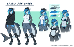Size: 4440x2850 | Tagged: safe, artist:ambris, oc, oc only, oc:erika (ambris), fish, shark, anthro, digitigrade anthro, 2020, beanie, belly button, bikini, blushing, bottomwear, clothes, digital art, ears, eyelashes, female, fins, fish tail, hair, hoodie, legwear, pants, pose, reference sheet, scales, shark tail, shirt, shorts, solo, solo female, sports bra, sports panties, stockings, swimsuit, tail, thighs, topwear, wide hips