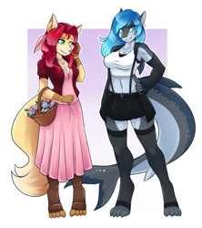 Size: 2400x2700 | Tagged: safe, artist:ambris, oc, oc only, oc:erika (ambris), oc:rose (ambris), canine, fish, fox, mammal, shark, anthro, digitigrade anthro, 2019, belly button, blushing, bottomwear, clothes, crop top, digital art, dress, duo, duo female, ears, eyelashes, female, females only, fins, fish tail, fur, hair, hand on hip, legwear, midriff, pose, scales, shark tail, shirt, skirt, stockings, tail, thighs, topwear, vixen, wide hips