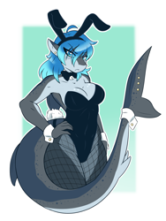 Size: 1575x2100 | Tagged: safe, artist:ambris, oc, oc only, oc:erika (ambris), fish, shark, anthro, digitigrade anthro, 2019, bunny ears, bunny suit, clothes, digital art, ears, eyelashes, female, fins, fish tail, fishnet, fishnet stockings, hair, hand on hip, legwear, leotard, pose, scales, see-through, shark tail, solo, solo female, stockings, tail, thighs, tsundere, wide hips