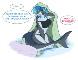 Size: 2368x1828 | Tagged: safe, artist:ambris, oc, oc only, oc:erika (ambris), fish, shark, anthro, digitigrade anthro, 2019, belly button, blanket, clothes, crop top, digital art, ears, eyelashes, female, fins, fish tail, hair, kneeling, one eye closed, panties, pillow, pose, scales, shark tail, sitting on bed, solo, solo female, tail, tank top, thighs, topwear, underwear, wide hips