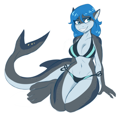 Size: 1722x1611 | Tagged: safe, artist:ambris, oc, oc only, oc:erika (ambris), fish, shark, anthro, digitigrade anthro, 2018, belly button, bikini, clothes, digital art, ear piercing, ears, eyelashes, female, fins, fish tail, hair, kneeling, piercing, pose, scales, shark tail, sharp teeth, simple background, smiling, solo, solo female, swimsuit, tail, teeth, thighs, wide hips