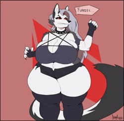 Size: 3079x3006 | Tagged: safe, artist:greasymojo, loona (vivzmind), canine, fictional species, hellhound, mammal, anthro, hazbin hotel, helluva boss, angry, breasts, cleavage, fat, female, huge breasts, overweight, solo, solo female, tail, thick thighs, thighs, wide hips