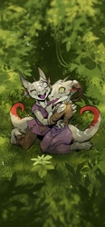 Size: 1242x2668 | Tagged: safe, artist:tieflingmelissa, fictional species, kobold, reptile, anthro, clothes, female, horns, hug, tail, twins
