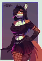 Size: 1380x1991 | Tagged: safe, artist:itswolven, canine, fox, mammal, anthro, big breasts, border, bottomwear, breasts, clothes, crop top, cropped shirt, female, fishnet, fishnet stockings, legwear, midriff, off shoulder, see-through, skirt, solo, solo female, stockings, tail, topwear, white border, wide hips