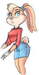 Size: 417x800 | Tagged: safe, artist:missjetset, lola bunny (looney tunes), lagomorph, mammal, rabbit, anthro, looney tunes, warner brothers, 2023, 2d, alternate outfit, bottomwear, breasts, clothes, crop top, cropped shirt, female, front view, midriff, shirt, shorts, simple background, smiling, solo, solo female, three-quarter view, topwear, white background