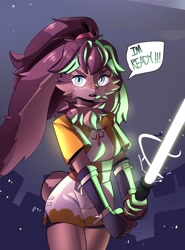 Size: 3038x4096 | Tagged: safe, artist:miscuitsxd, lop (star wars: visions), lagomorph, mammal, rabbit, anthro, star wars, star wars: visions, clothes, ears, female, lightsaber, long ears, solo, solo female, weapon