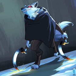Size: 1000x1000 | Tagged: safe, artist:kittellfox, death (puss in boots), canine, mammal, wolf, anthro, dreamworks animation, puss in boots (movie), shrek, cloak, male, sickle, solo, solo male, tail