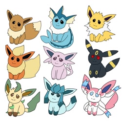 Size: 960x960 | Tagged: safe, artist:tontaro, eeveelution, espeon, fictional species, flareon, glaceon, jolteon, leafeon, mammal, sylveon, umbreon, vaporeon, feral, nintendo, pokémon, 2022, ambiguous gender, black sclera, brown sclera, colored sclera, digital art, ears, fins, fluff, fur, hair, neck fluff, paws, purple sclera, red sclera, ribbons (body part), simple background, tail, white background