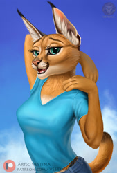 Size: 1200x1776 | Tagged: safe, artist:vestina, oc, oc only, caracal, feline, mammal, anthro, 4 fingers, black clothing, black panties, black underwear, blue bottomwear, blue clothing, blue eyes, blue jeans, blue pants, blue shirt, blue sky, blue topwear, bottomwear, caracal (genus), clothes, cloud, cute, denim, denim clothing, ear fluff, felidae, female, fingers, fluff, fur, high res, jeans, looking at you, neck tuft, open mouth, orange body, orange fur, panties, pants, pinup, sexy, shirt, simple background, sky, smiling, solo, solo female, t-shirt, teeth, text, topwear, underwear