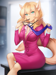 Size: 750x1000 | Tagged: safe, artist:gigamessy, callie brigs (swat kats), animal humanoid, cat, feline, fictional species, mammal, anthro, humanoid, hanna-barbera, swat kats, 2019, blonde hair, blurred background, breasts, cleavage, clothes, collared shirt, crossed legs, cuffs (clothes), cute, eyelashes, eyewear, female, fluff, fur, glasses, glasses off, green eyes, hair, holding, indoors, long hair, looking at you, mouth hold, necktie, open clothes, open shirt, raised tail, shirt, sitting, skirt suit, small breasts, solo, solo female, suit, tail, tail fluff, thigh gap, thighs, topwear, yellow body
