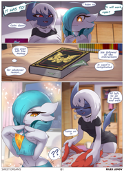 Size: 873x1215 | Tagged: safe, artist:rilexlenov, absol, fictional species, gardevoir, mammal, shiny pokémon, anthro, nintendo, pokémon, 2023, bedroom eyes, black nose, book, bottomwear, breasts, clothes, comic, dialogue, digital art, duo, duo female, ears, eyelashes, eyes closed, female, females only, fur, hair, hair over one eye, horn, pose, shirt, shorts, speech bubble, tail, talking, tank top, text, thighs, topwear, wide hips