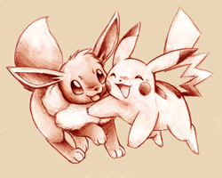 Size: 1024x820 | Tagged: safe, artist:sokerikaneli, eevee, eeveelution, fictional species, mammal, pikachu, feral, nintendo, pokémon, 2019, ambiguous gender, ambiguous only, digital art, duo, duo ambiguous, ears, eyes closed, fur, monochrome, open mouth, sketch, tail, tongue