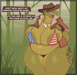 Size: 1154x1120 | Tagged: suggestive, artist:welwraith, oc, oc only, alligator, crocodilian, reptile, anthro, american flag bikini, areola, areola slip, big areola, bikini, breasts, clothes, fat, female, fingerless gloves, gloves, grass, hat, headwear, huge breasts, jewelry, looking at you, necklace, open mouth, outdoors, overweight, overweight female, plant, scales, solo, solo female, swimsuit, talking, text, text box, thick thighs, thighs, tight fit, tree, wide hips