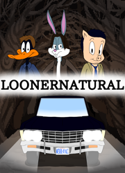 Size: 4262x5915 | Tagged: safe, artist:ledorean, bugs bunny (looney tunes), daffy duck (looney tunes), porky pig (looney tunes), bird, duck, lagomorph, mammal, pig, rabbit, suid, waterfowl, anthro, looney tunes, warner brothers, absurd resolution, car, chevrolet, crossover, supernatural, vehicle