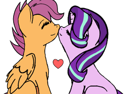 Size: 680x503 | Tagged: artist needed, safe, scootaloo (mlp), starlight glimmer (mlp), equine, fictional species, mammal, pegasus, pony, unicorn, friendship is magic, hasbro, my little pony, cute, duo, eyes closed, female, female/female, glimmerloo (mlp), hair, heart, orange body, purple hair, shipping, simple background, transparent background