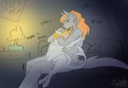 Size: 1200x829 | Tagged: safe, artist:sunny way, oc, oc only, equine, fish, hybrid, mammal, pony, shark, anthro, unguligrade anthro, friendship is magic, hasbro, my little pony, 2023, artwork, bad dream, bedroom, child, crying, cute, daughter, digital art, duo, female, hooves, hug, indoors, mare, mother, night, nightmare, patreon reward, small, tears, young