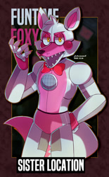 Size: 745x1200 | Tagged: safe, artist:deltamaxwell, funtime foxy (fnaf), animatronic, canine, fictional species, fox, mammal, robot, five nights at freddy's, abstract background, bow, bow tie, character name, clothes, english text, fangs, hand on hip, lidded eyes, male, open mouth, orange eyes, pink body, poster, sharp teeth, solo, solo male, tail, teeth, text, white body