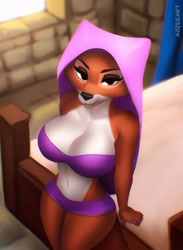Size: 1119x1527 | Tagged: safe, artist:aozee, maid marian (robin hood), canine, fox, mammal, red fox, anthro, disney, robin hood (disney), 2023, bed, belly button, big breasts, bottomwear, breasts, clothes, detailed background, digital art, ears, eyelashes, female, fur, hair, headdress, looking at you, shorts, solo, solo female, sports bra, sports shorts, tail, thighs, topwear, vixen, wide hips