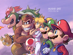 Size: 2000x1500 | Tagged: safe, artist:ヤマリ, bowser (mario), donkey kong (donkey kong), luigi (mario), mario (mario), princess peach (mario), toad (mario), ape, fictional species, gorilla, human, kong (species), koopa, mammal, primate, reptile, toad (mario species), anthro, humanoid, donkey kong (series), illumination entertainment, mario (series), nintendo, the super mario bros. movie, universal pictures, 2023, female, group, male