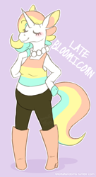 Size: 722x1329 | Tagged: safe, artist:lottafandoms, oc, oc only, oc:late bloomicorn (kyra kupetsky), equine, fictional species, mammal, unicorn, anthro, arm hooves, blushing, boots, bottomwear, breasts, character name, clothes, crop top, female, hand on hip, high heel boots, hooves, midriff, pants, pearl necklace, shirt, shoes, slightly chubby, smiling, solo, solo female, text, topwear