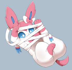 Size: 1880x1819 | Tagged: safe, artist:sum, eeveelution, fictional species, mammal, sylveon, feral, nintendo, pokémon, 2023, blue sclera, butt, colored sclera, digital art, ears, eyelashes, female, fur, looking at you, paws, ribbons (body part), solo, solo female, tail, underass