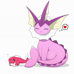 Size: 1080x1080 | Tagged: safe, artist:tontaro, droopy form tatsugiri, eeveelution, fictional species, mammal, shiny pokémon, tatsugiri, vaporeon, feral, nintendo, pokémon, spoiler:pokémon gen 9, spoiler:pokémon scarlet and violet, 2023, 2d, 2d animation, ambiguous gender, ambiguous only, animated, digital art, duo, duo ambiguous, ears, eyes closed, fins, fur, scales, sitting, sound, tail, tail slap, tatsugiri (droopy form), unamused, webm
