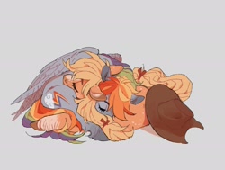 Size: 2048x1546 | Tagged: safe, artist:fruitofwinter, applejack (mlp), rainbow dash (mlp), earth pony, equine, fictional species, mammal, pegasus, pony, feral, friendship is magic, hasbro, my little pony, appledash (mlp), bow, clothes, cuddling, cute, duo, eyes closed, feathered wings, feathers, female, female/female, hair, hat, headwear, hug, mane, shipping, simple background, sleeping, tail, tail bow, wings