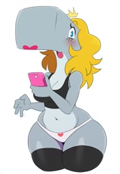 Size: 882x1280 | Tagged: safe, artist:ss2sonic, pearl krabs (spongebob), cetacean, mammal, sperm whale, whale, anthro, nickelodeon, spongebob squarepants (series), 2d, belly button, big breasts, blushing, bra, breasts, cell phone, clothes, female, looking at you, open mouth, panties, phone, smartphone, solo, solo female, underwear, ungulate