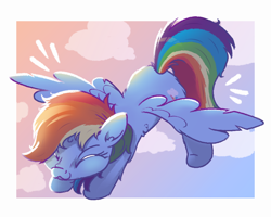 Size: 1000x800 | Tagged: safe, artist:candy meow, rainbow dash (mlp), equine, fictional species, mammal, pegasus, pony, feral, friendship is magic, hasbro, my little pony, 2023, :3, blue body, blue fur, cloud, cute, dashabetes, ear fluff, eyes closed, feathered wings, feathers, female, fluff, fur, gradient background, hair, leg fluff, mane, mare, messy mane, messy tail, rainbow hair, rainbow mane, rainbow tail, simple background, smiling, solo, solo female, spread wings, stretching, tail, wing fluff, wings