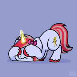 Size: 1000x1000 | Tagged: safe, artist:sugar morning, oc, oc only, oc:cinnamon lightning, equine, fictional species, mammal, pony, unicorn, feral, friendship is magic, hasbro, my little pony, 2023, 2d, 2d animation, animated, bow, covering eyes, cute, electricity, female, fetlock tuft, gif, hair bow, horn, lightning, looking around, magic, magic aura, mare, scared, shaking, solo, solo female, sparks, tail, trembling