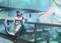 Size: 2102x1500 | Tagged: safe, artist:nebanan, oc, fish, shark, anthro, black hair, blue body, clothes, digital art, future, green eyes, hair, high res, indoors, looking at you, sci-fi, shoes, solo, spaceship, spacesuit, striped body, tail, vehicle