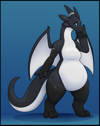 Size: 1709x2156 | Tagged: safe, artist:bastiel, oc, oc:bastiel (bastiel), dragon, fictional species, anthro, big belly, black body, black sclera, blue background, blue eyes, colored sclera, digital art, fat, female, horns, overweight, paws, pear-shaped, simple background, solo, solo female, tail, thick thighs, thighs, white body, wings