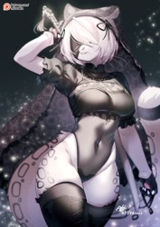 Size: 1000x1411 | Tagged: safe, artist:missaka_, artist:shepherd0821, 2b (nier:automata), big cat, feline, mammal, snow leopard, anthro, nier:automata, square enix, 2023, blindfold, clothes, female, leotard, solo, solo female, tail, thick thighs, thighs, wide hips